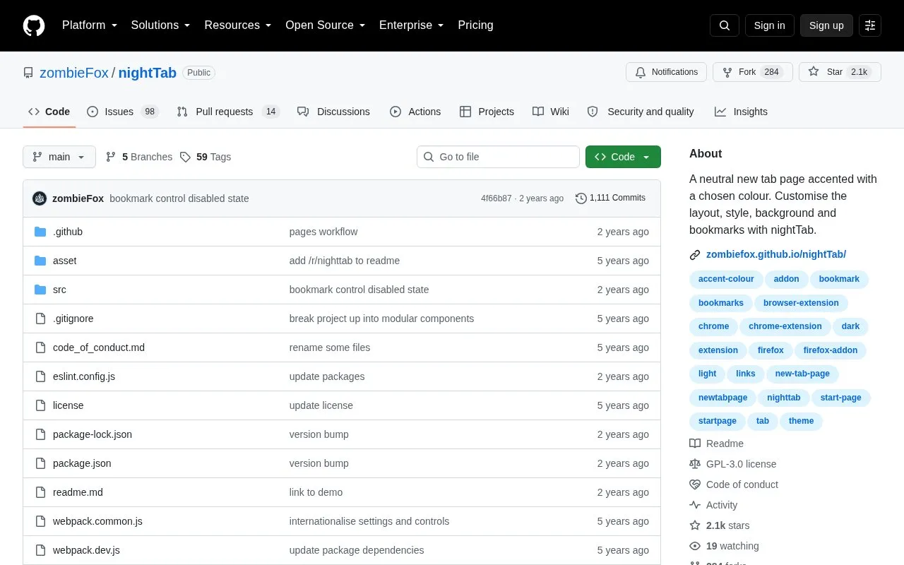 nightTab homepage screenshot