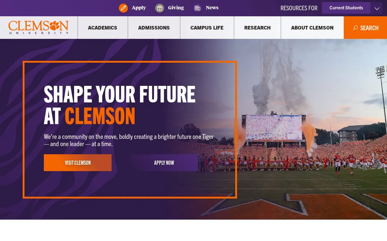 Clemson University homepage screenshot