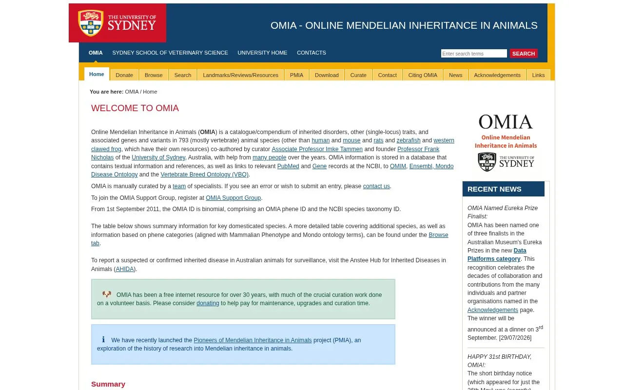 Online Mendelian Inheritance in Animals homepage screenshot