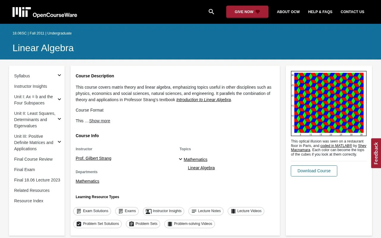 Linear Algebra homepage screenshot