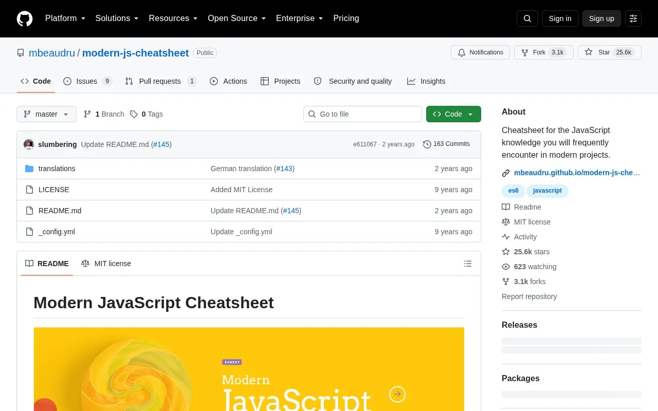 Modern Js Cheatsheet homepage screenshot