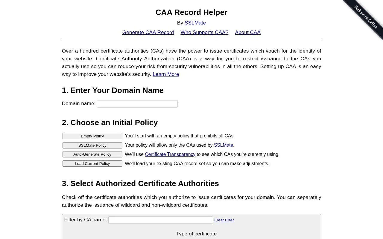 SSLMate CAA homepage screenshot