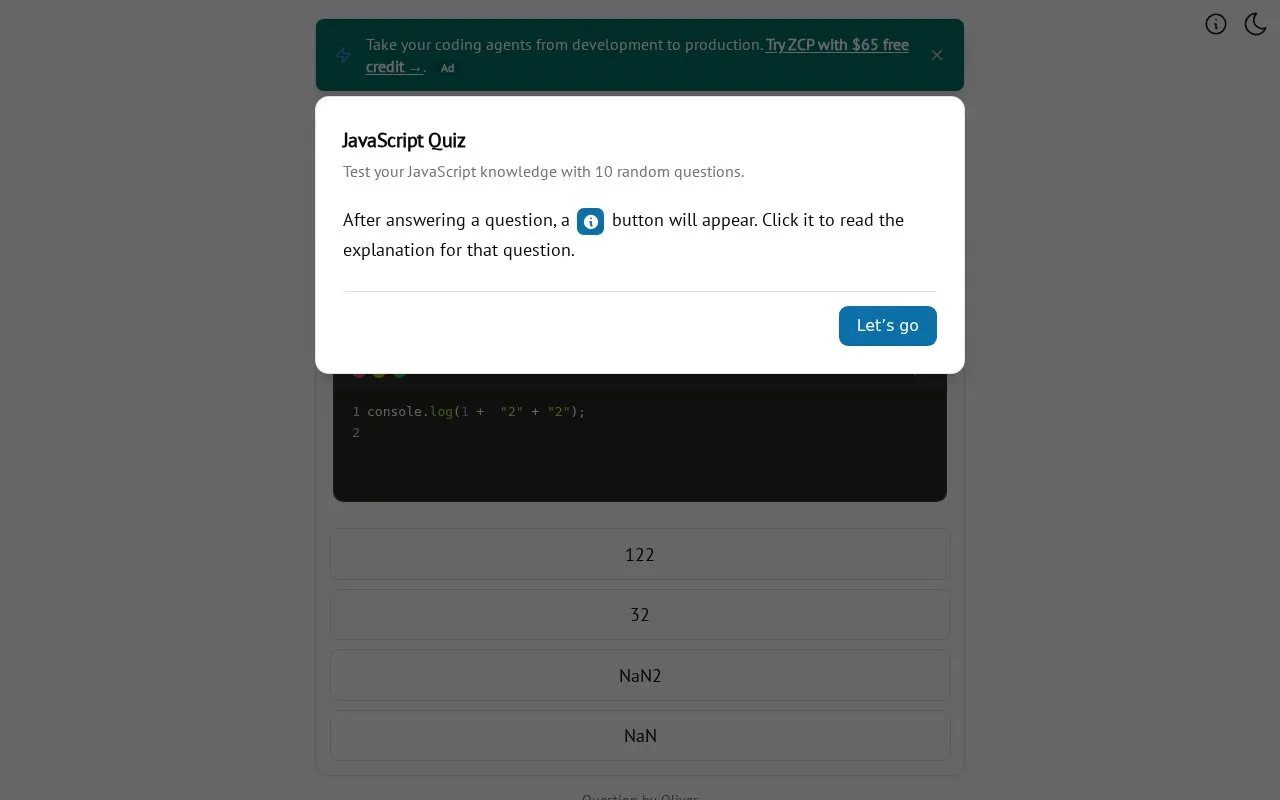 JavaScriptQuiz homepage screenshot