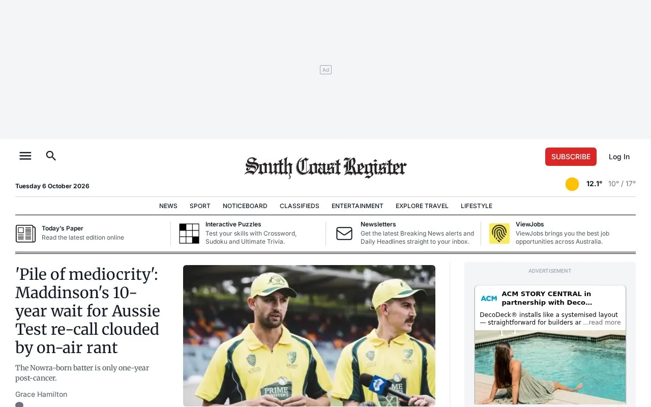 South Coast Register homepage screenshot
