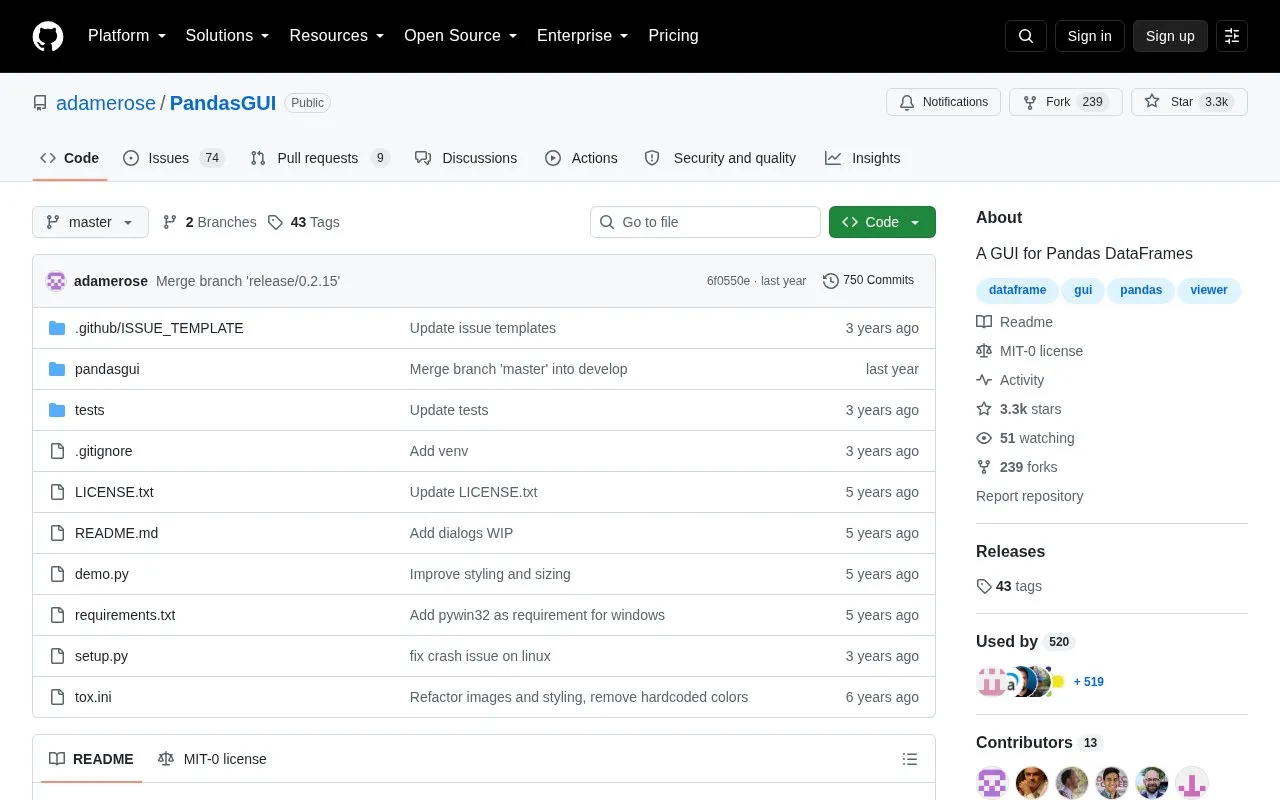 Pandas GUI homepage screenshot