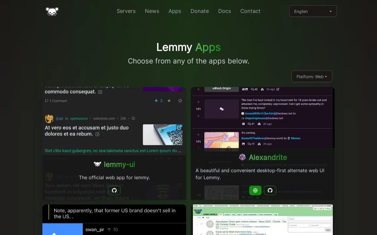 Lemmy Apps homepage screenshot
