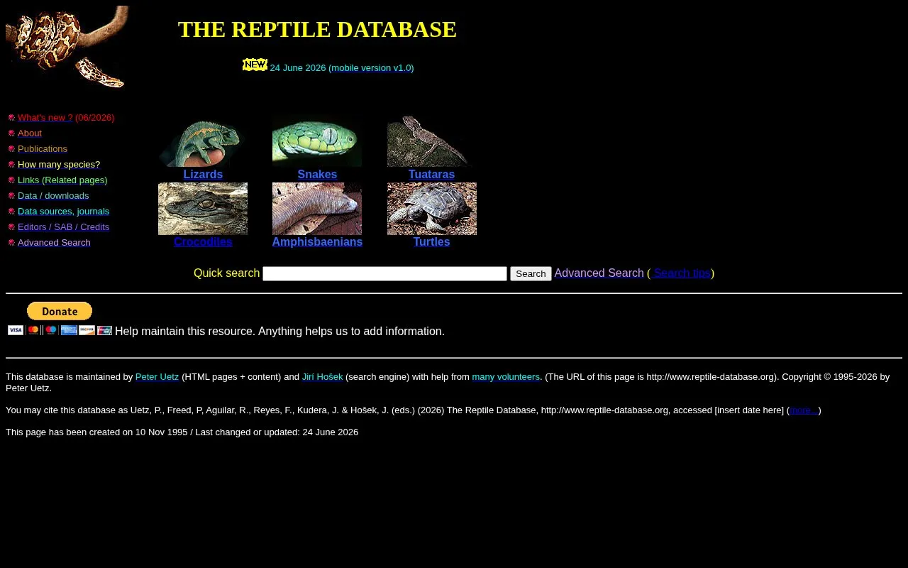 Reptile Database homepage screenshot