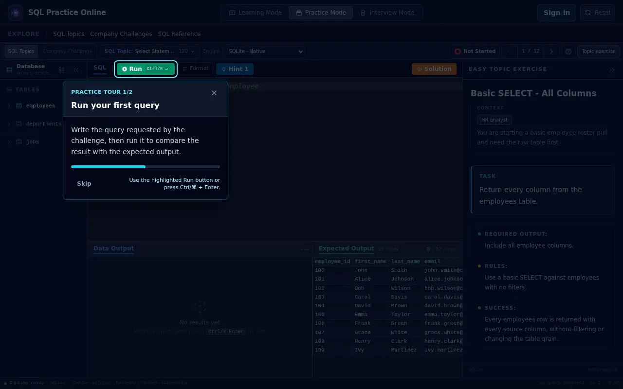 SQL Practice homepage screenshot