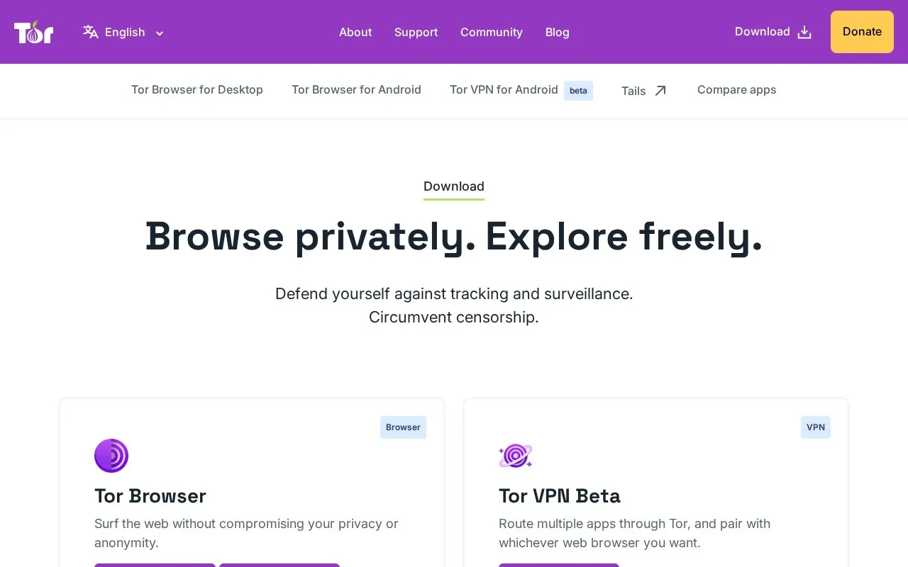The Tor Project homepage screenshot