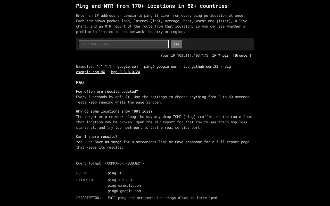 Ping, homepage screenshot