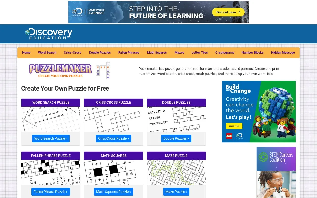 Puzzlemaker homepage screenshot