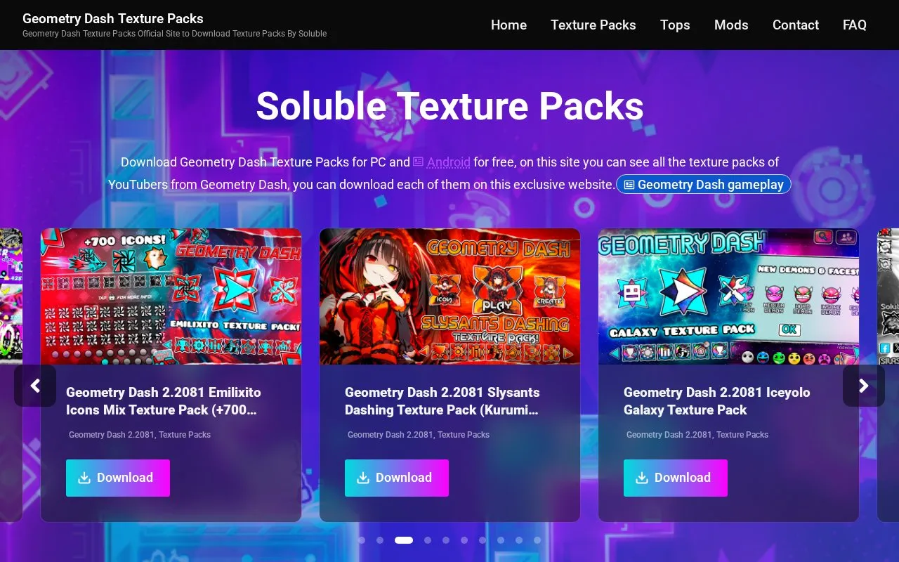 Soluble Texture Packs homepage screenshot