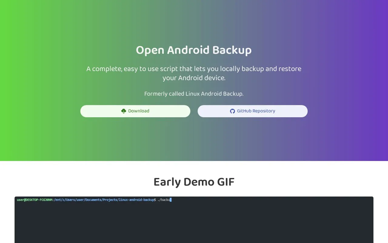 OpenAndroidBackup homepage screenshot
