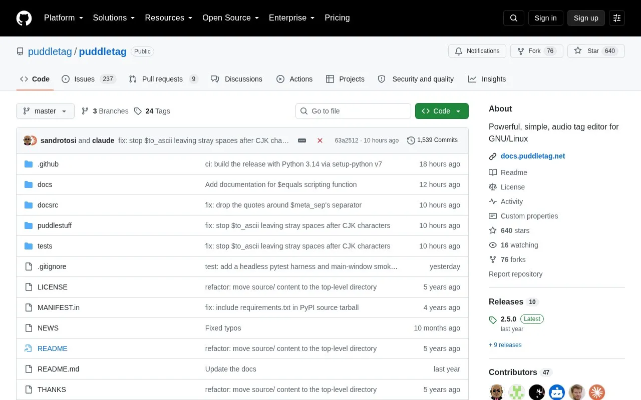 Puddletag homepage screenshot