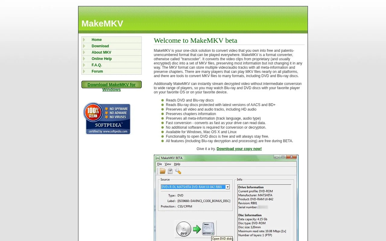MakeMKV homepage screenshot