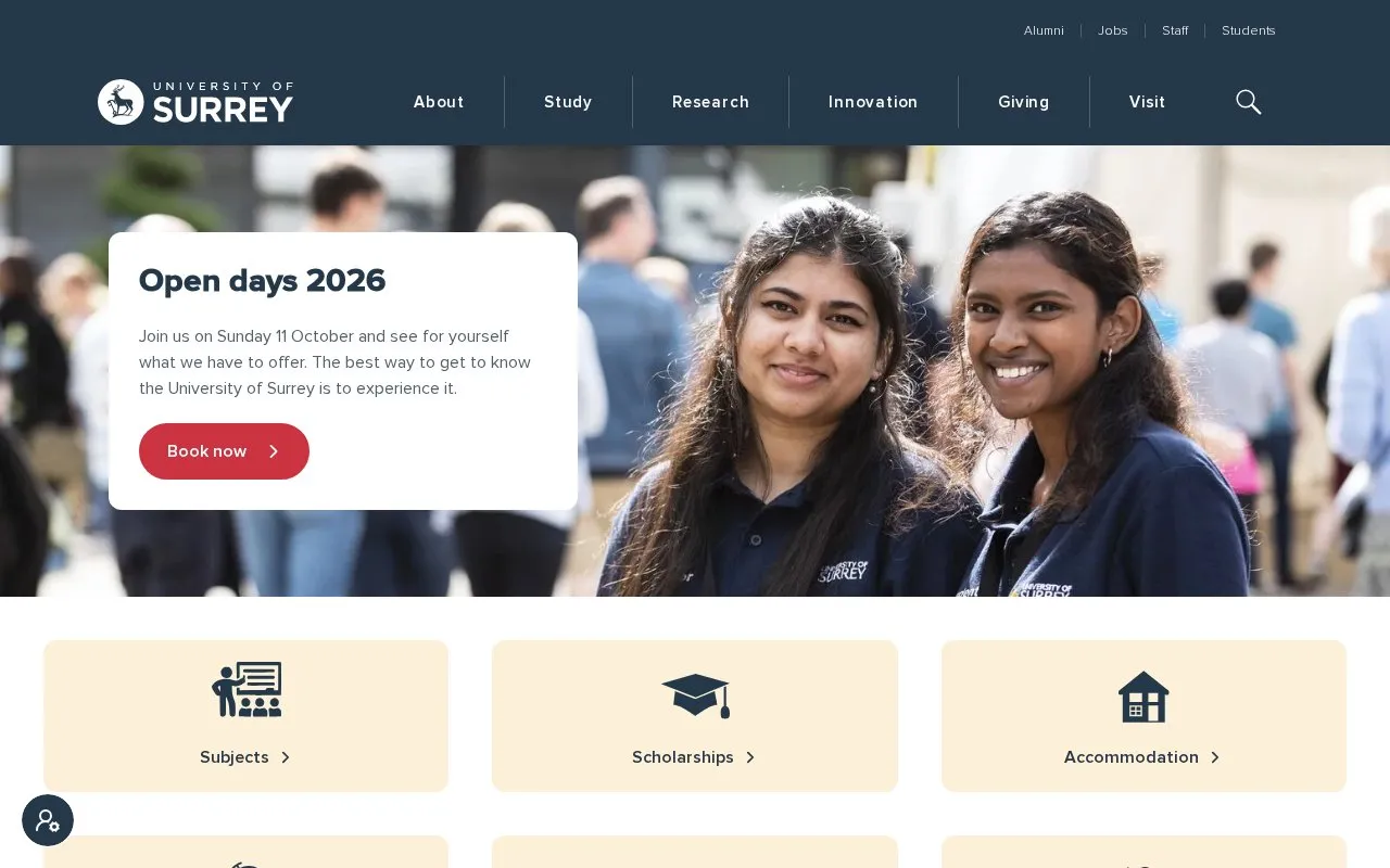 University of Surrey homepage screenshot