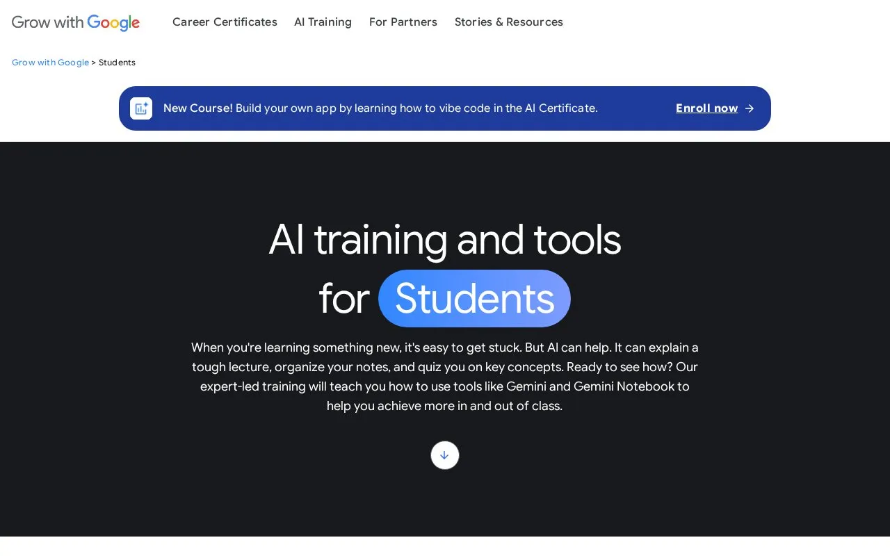 Google AI Pro for Students homepage screenshot
