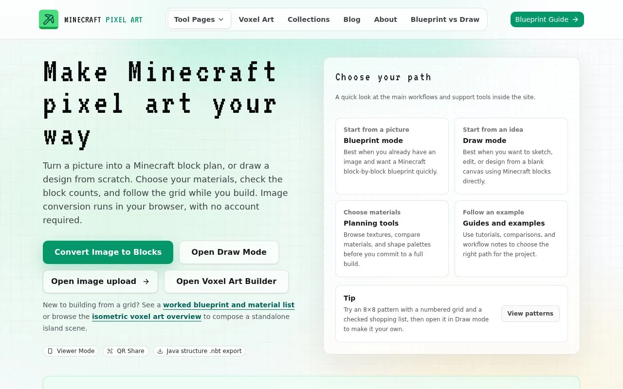 Minecraft Pixel Art homepage screenshot