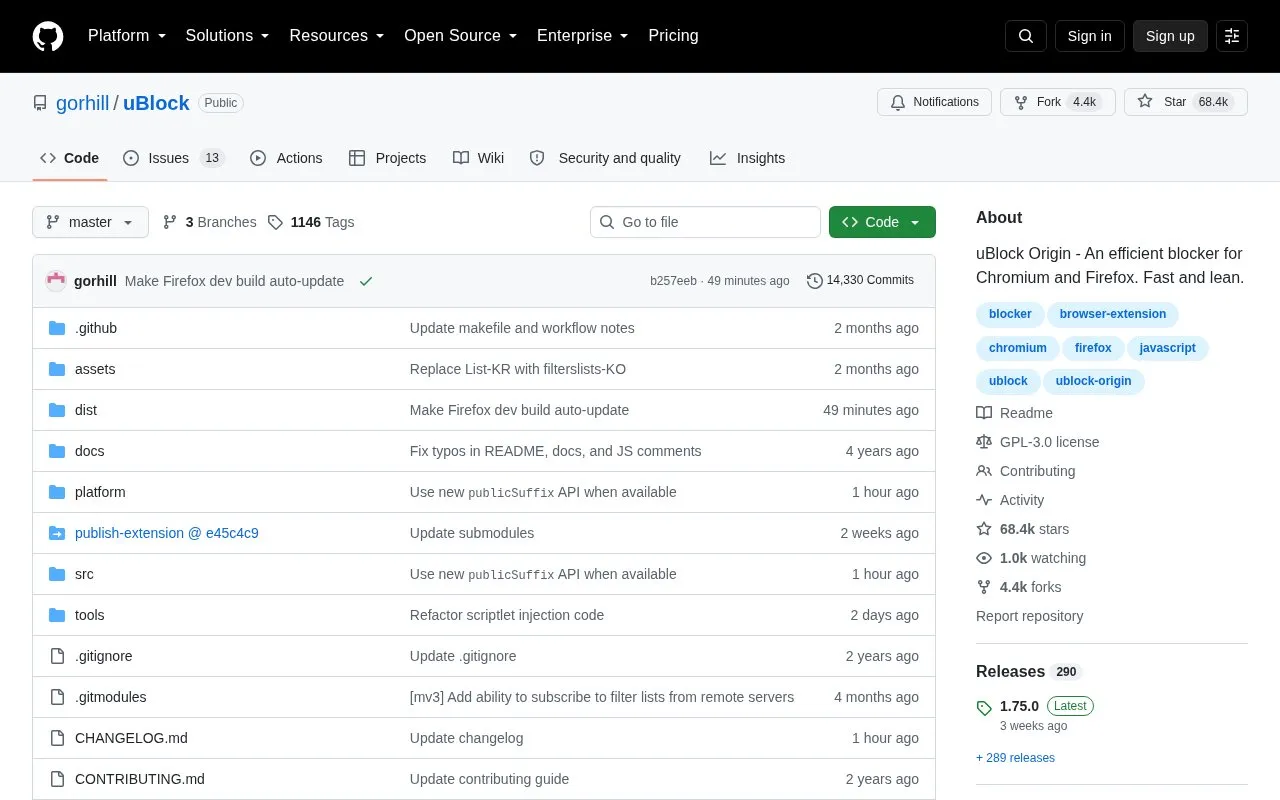 uBlock Origin (uBO) homepage screenshot
