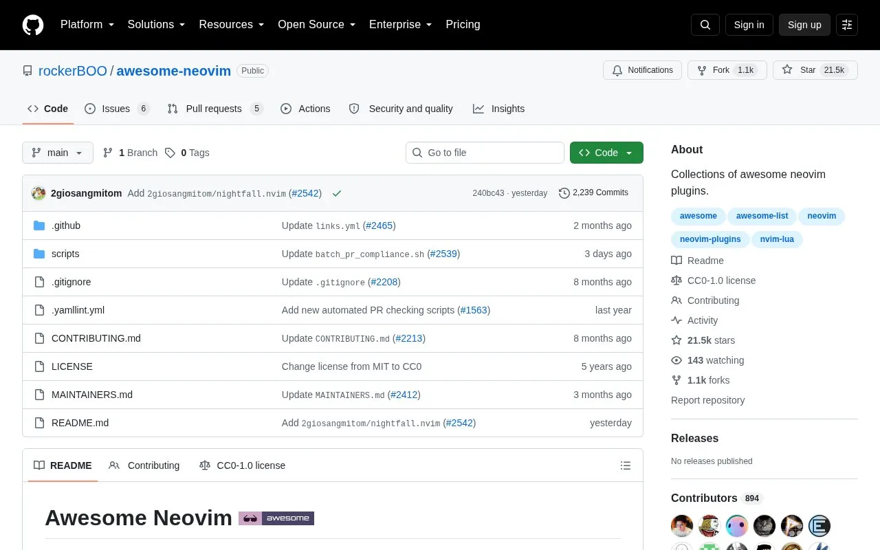 Awesome Neovim homepage screenshot