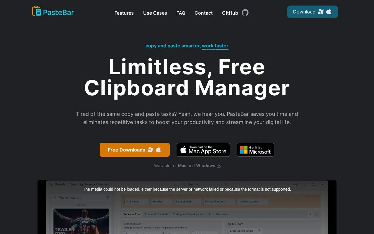 PasteBar homepage screenshot