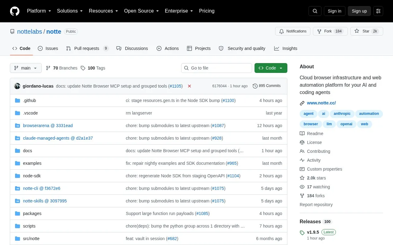 Notte homepage screenshot