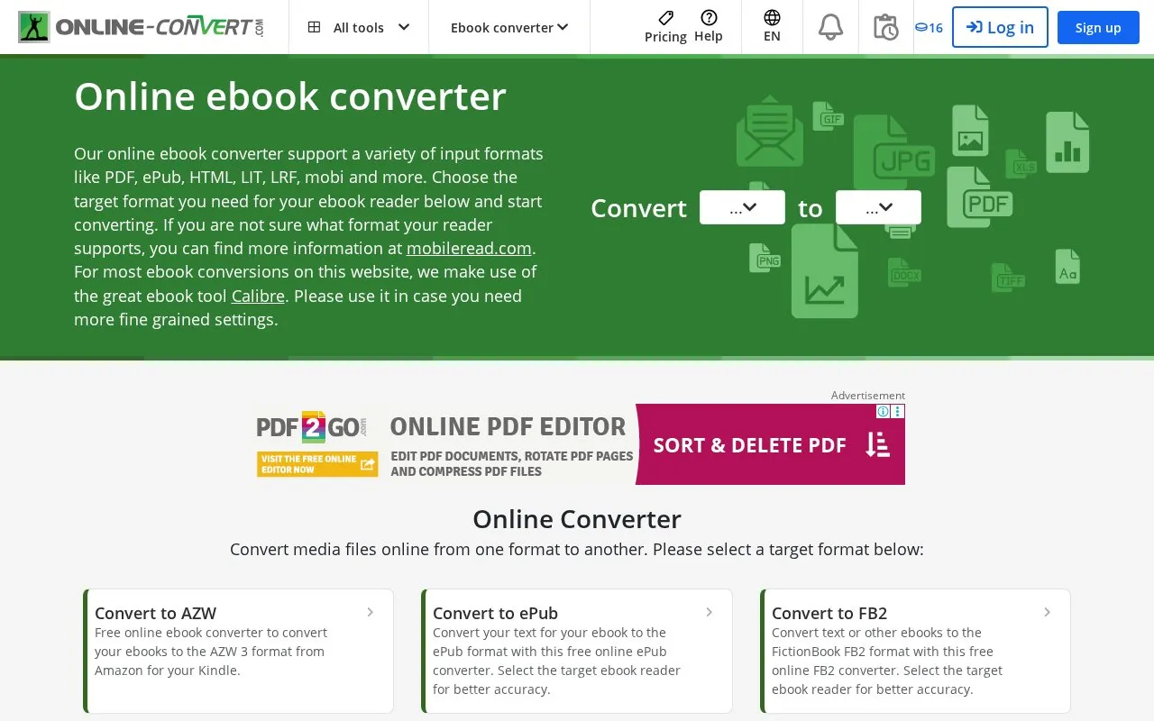 Ebook-Online-Convert homepage screenshot