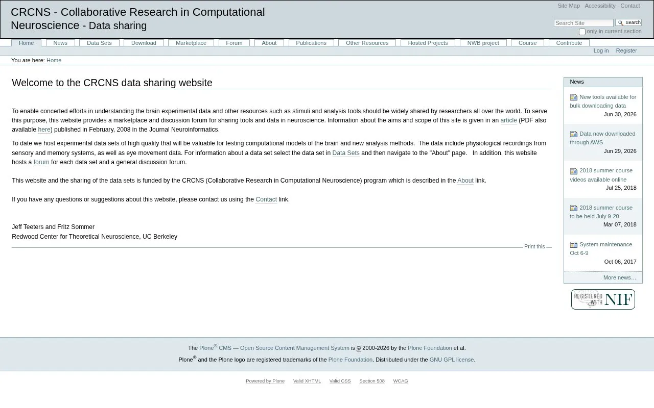 Collaborative Research in Computational Neuroscience homepage screenshot