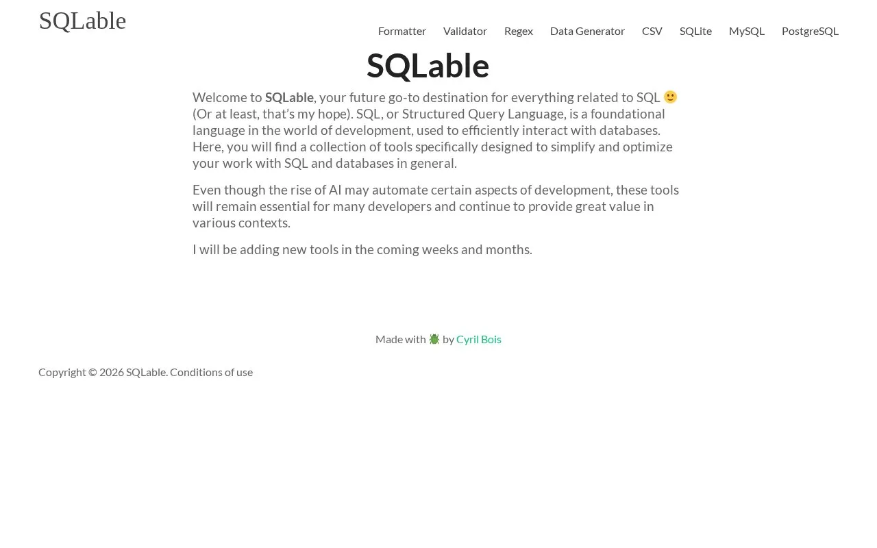 SQLable - homepage screenshot