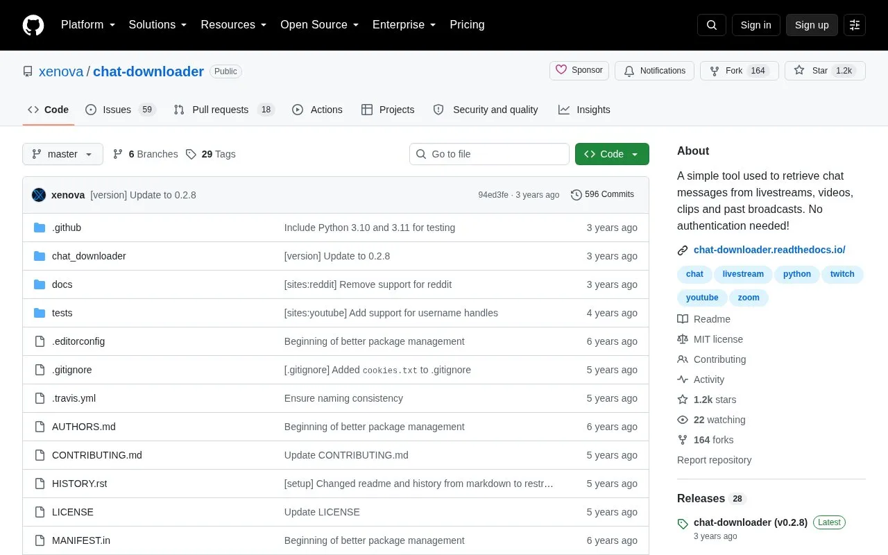 chat-downloader homepage screenshot