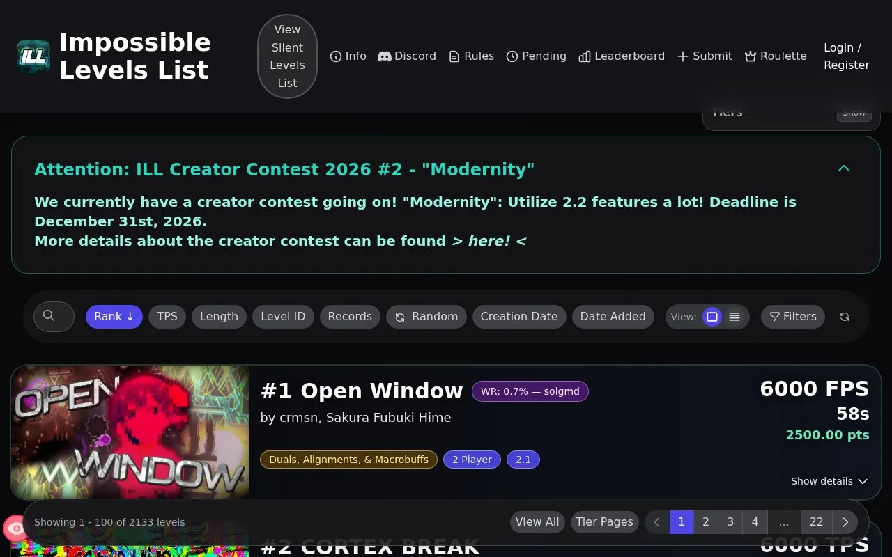 Impossible Levels List homepage screenshot