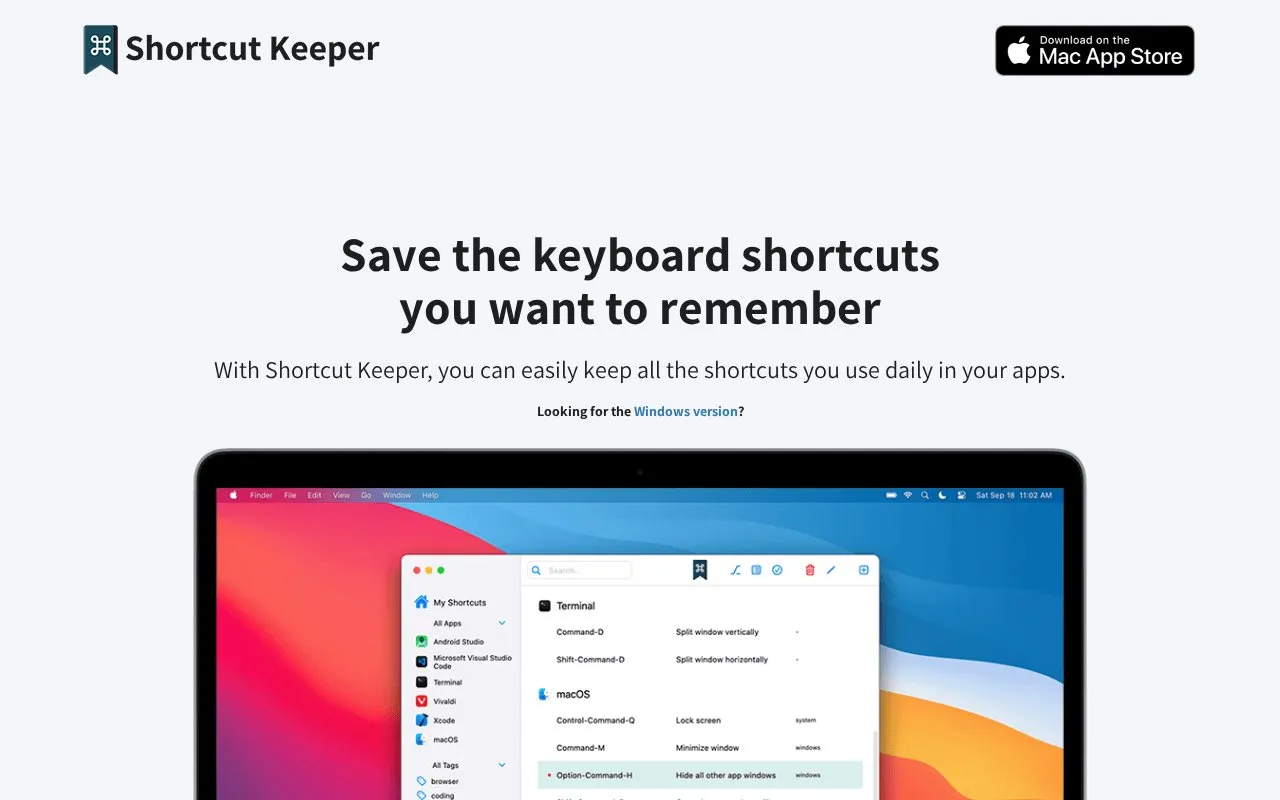 ShortcutKeeper homepage screenshot