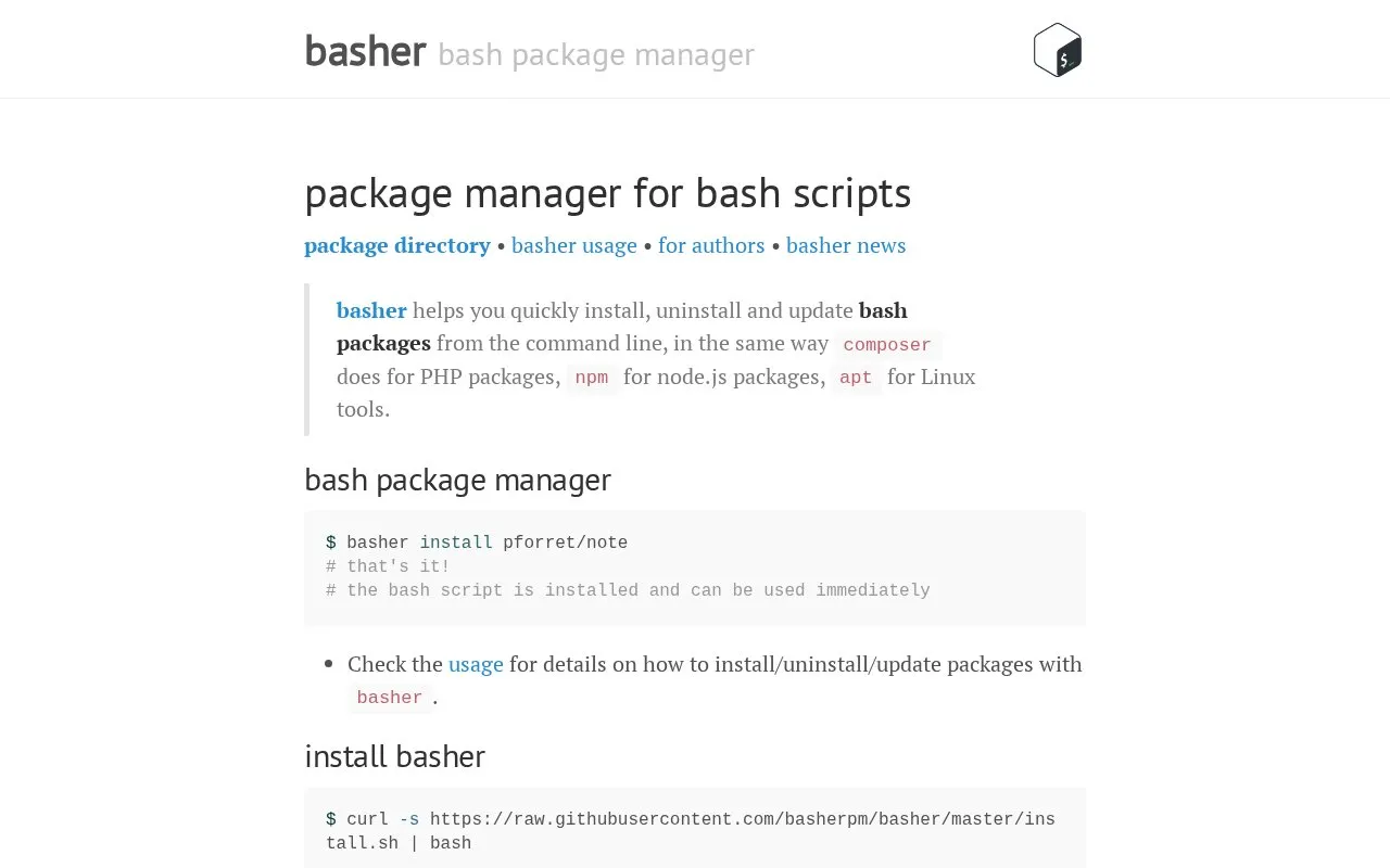 Basher homepage screenshot