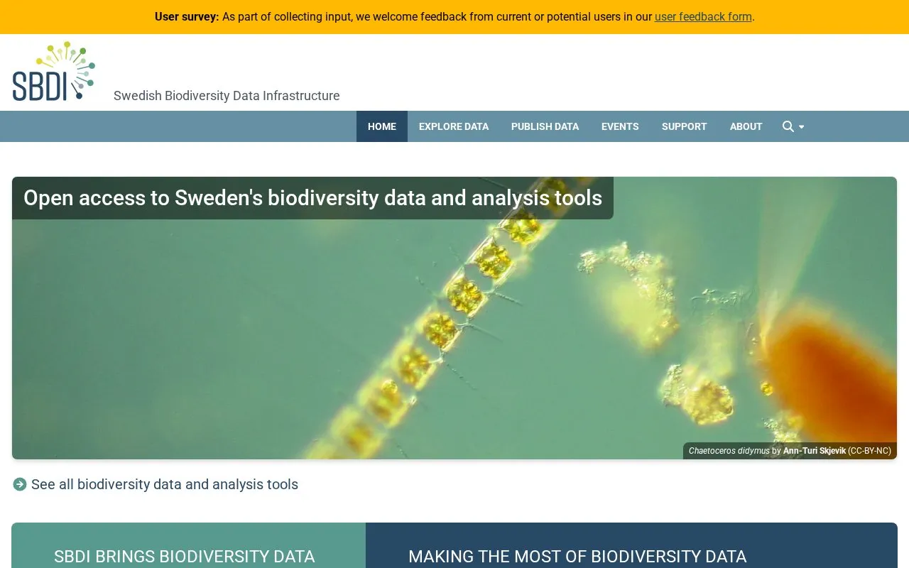 Swedish Biodiversity Data Infrastructure homepage screenshot