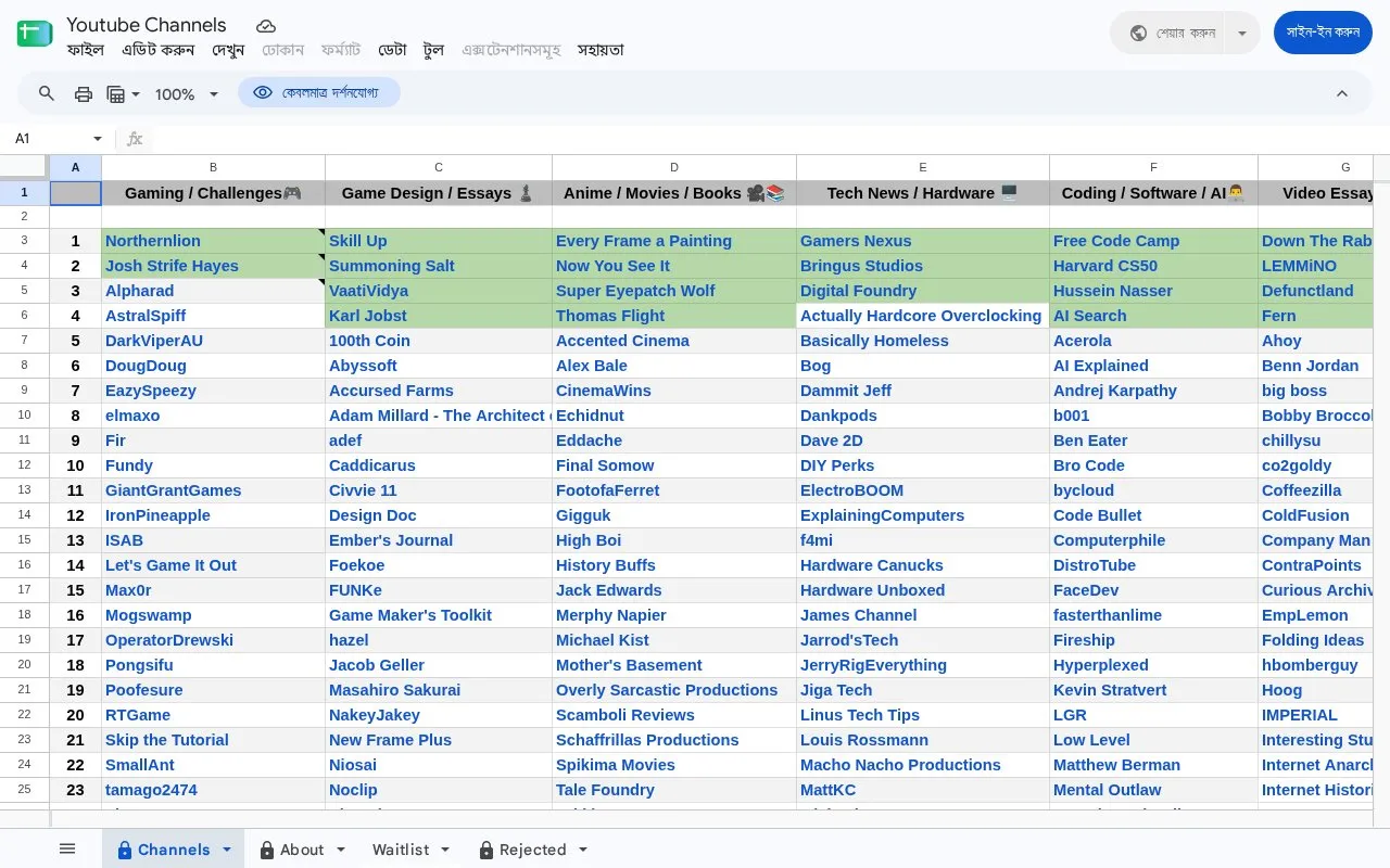 YouTube Channel Spreadsheet homepage screenshot
