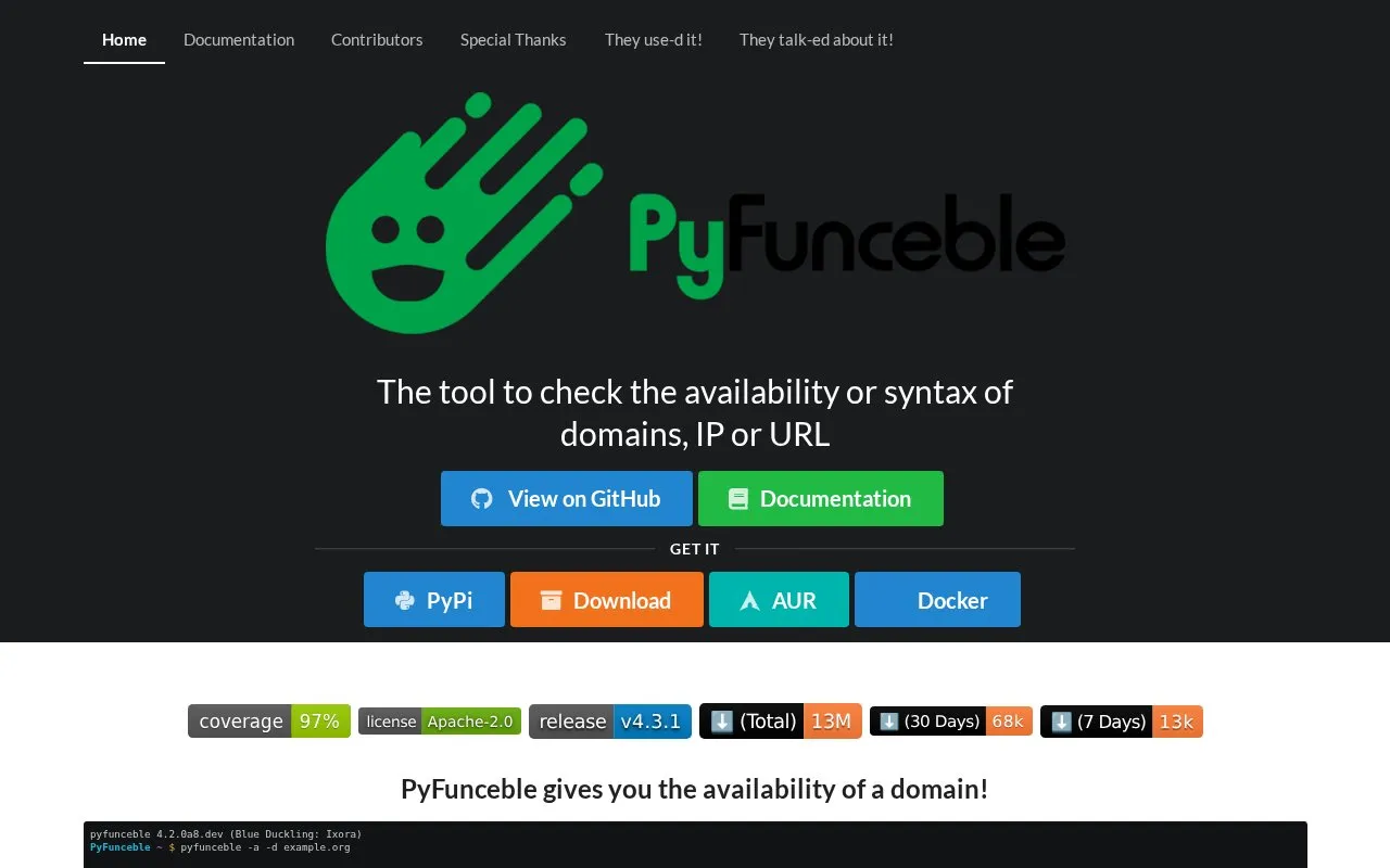 Pyfunceble homepage screenshot