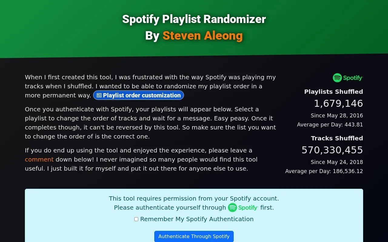 Playlist Randomizer homepage screenshot