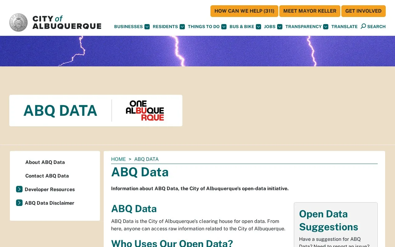 ABQ Open Data homepage screenshot