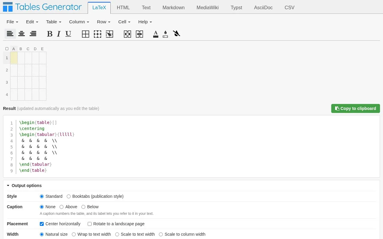 Tables Generator homepage screenshot
