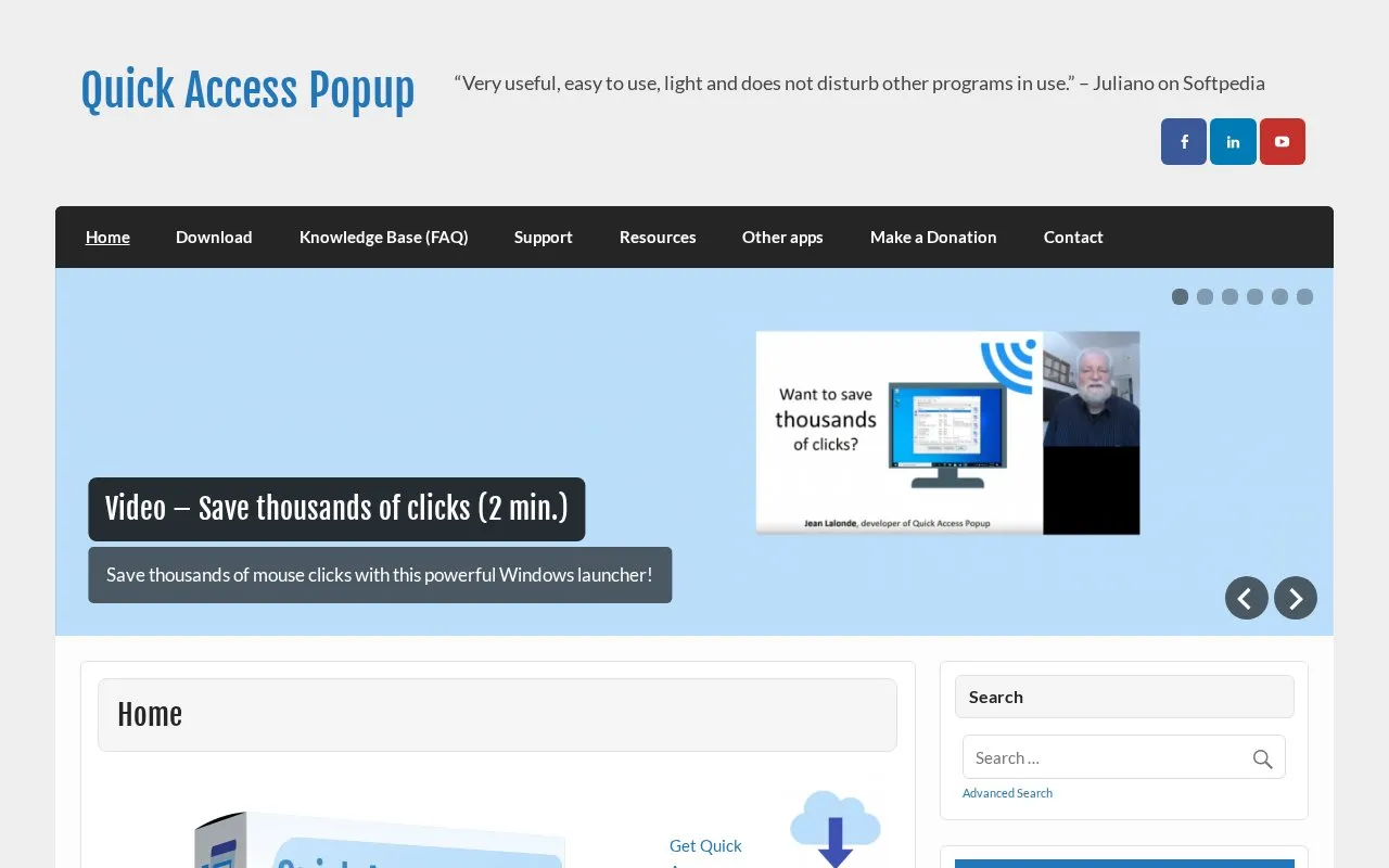 Quick Access Popup homepage screenshot