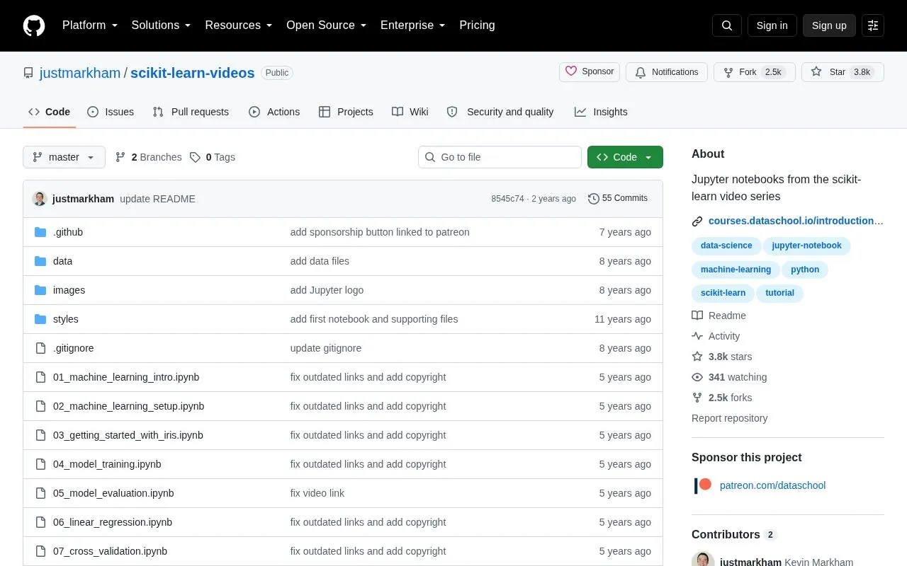 Introduction to machine learning with scikit-learn homepage screenshot