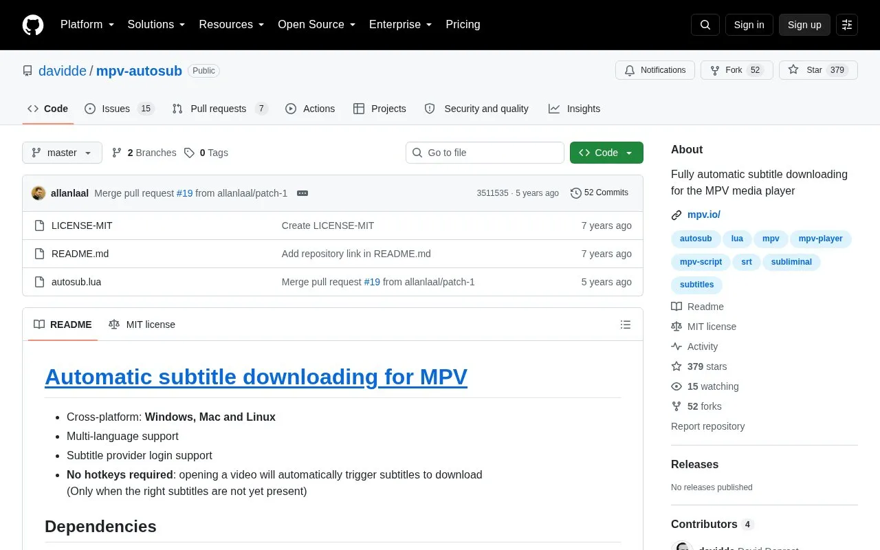 mpv-autosub homepage screenshot