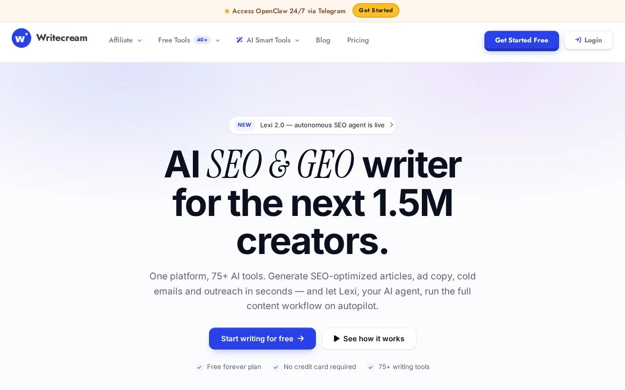 Writecream homepage screenshot
