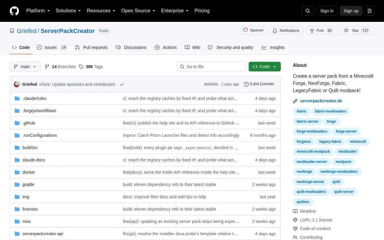 Server Pack Creator homepage screenshot
