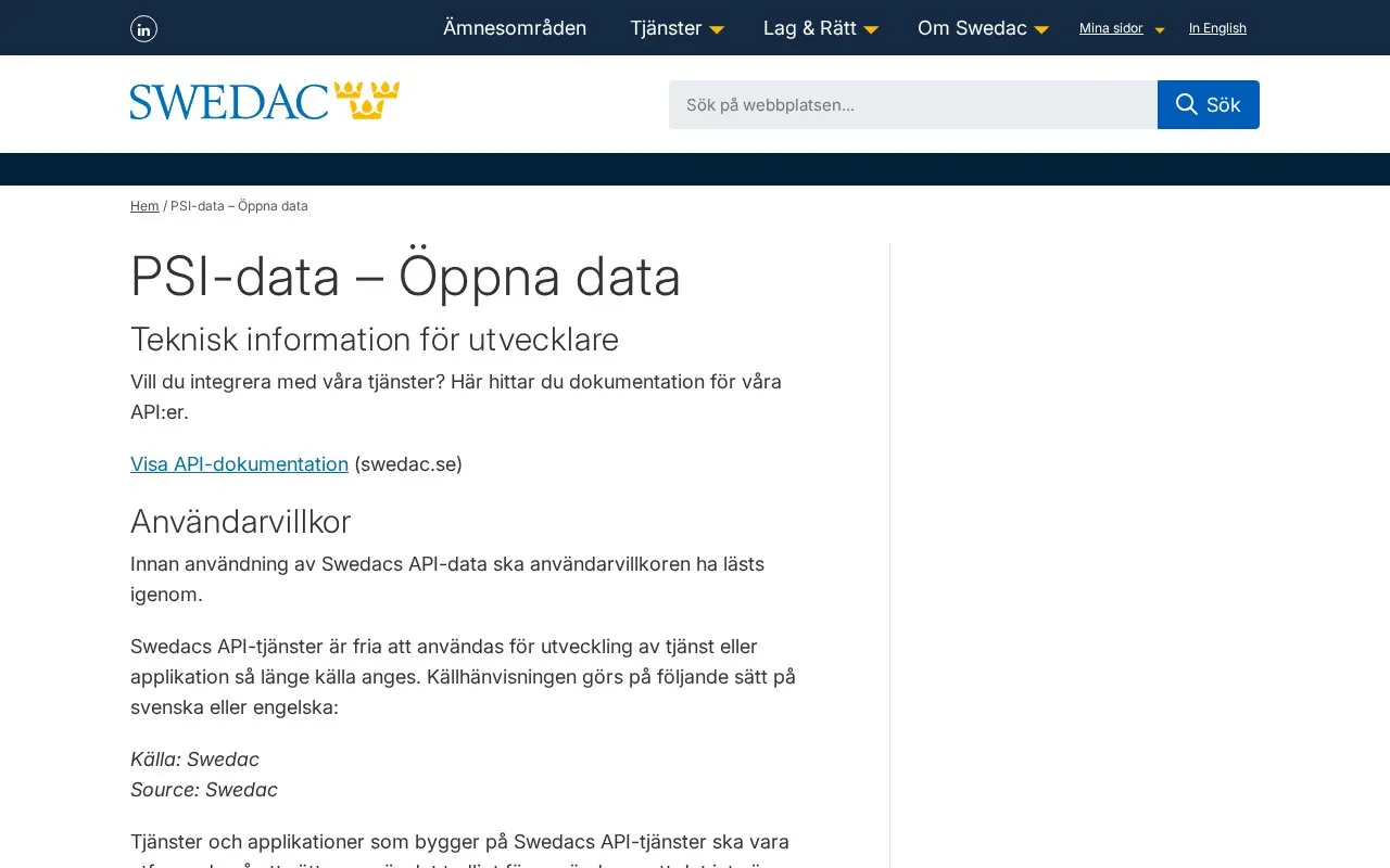 Swedish Board for Accreditation and Conformity Assessment Open Data homepage screenshot