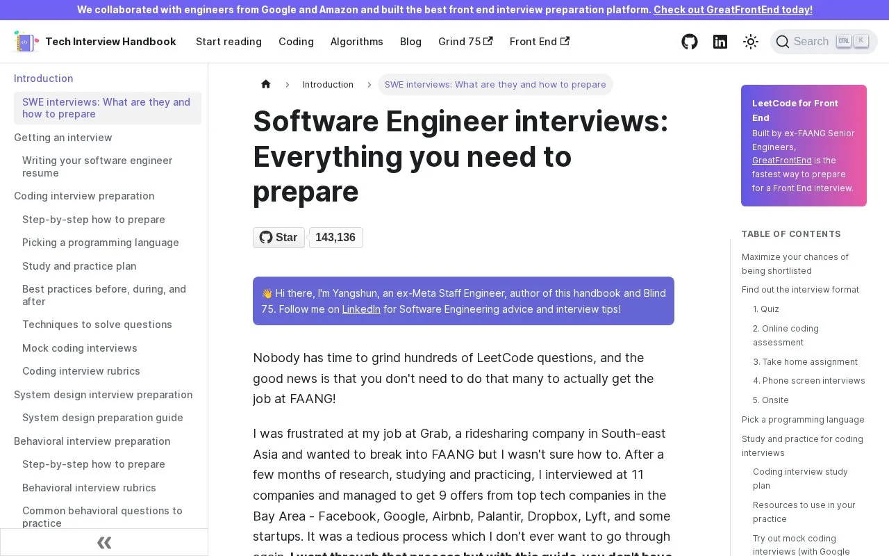 Tech Interview Handbook homepage screenshot