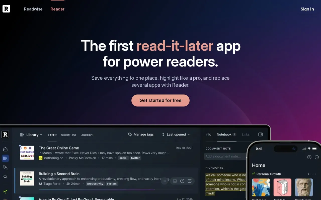 ReadWise homepage screenshot