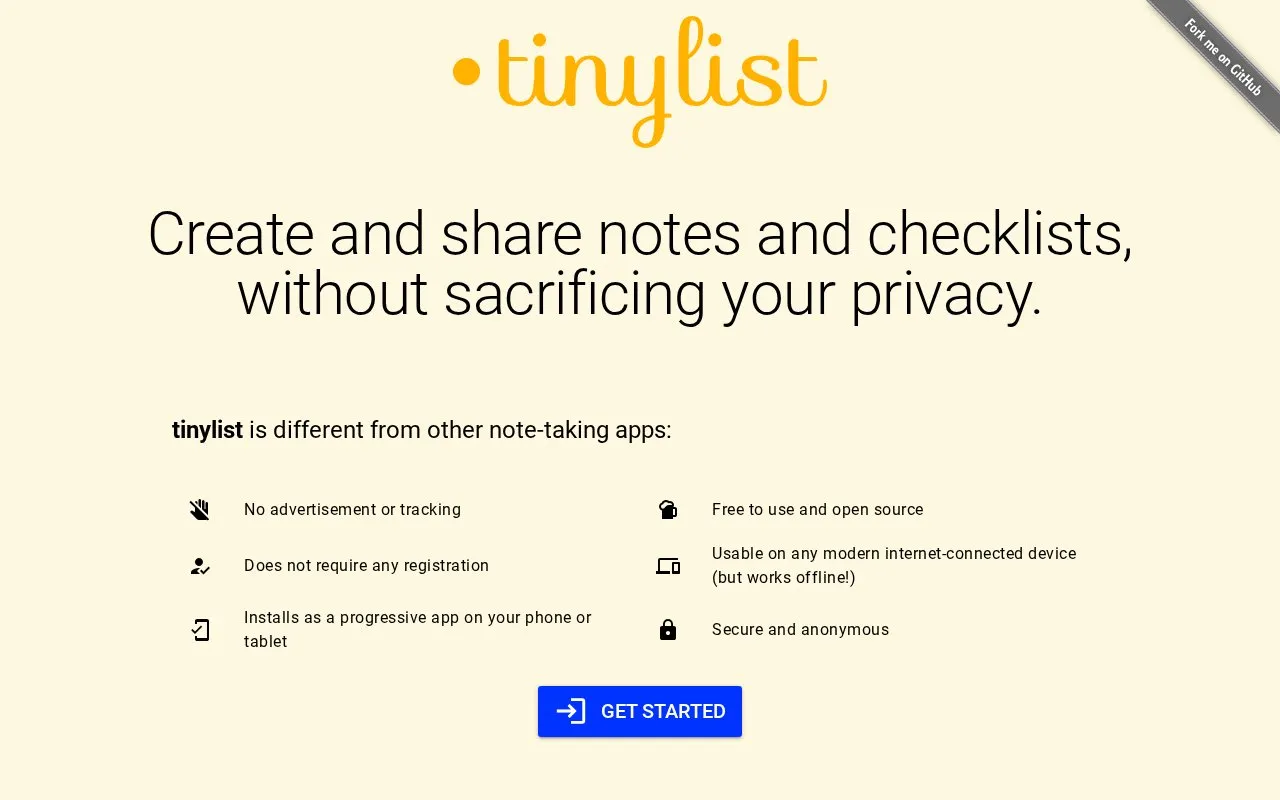 TinyList homepage screenshot