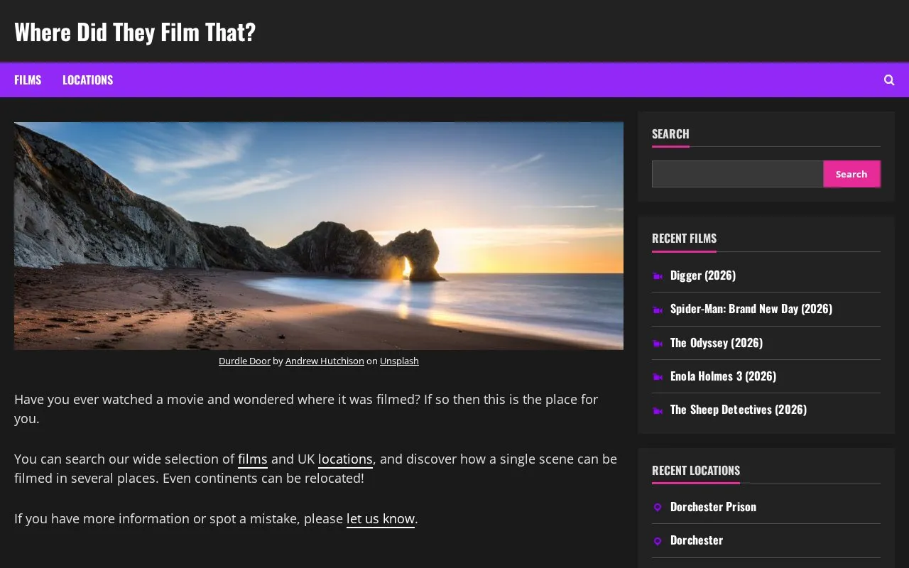 WhereDidTheyFilmThat homepage screenshot