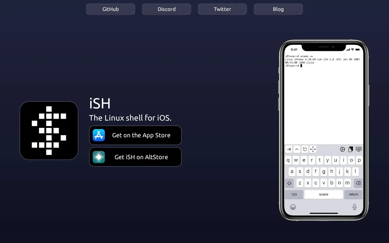 iSH Shell homepage screenshot